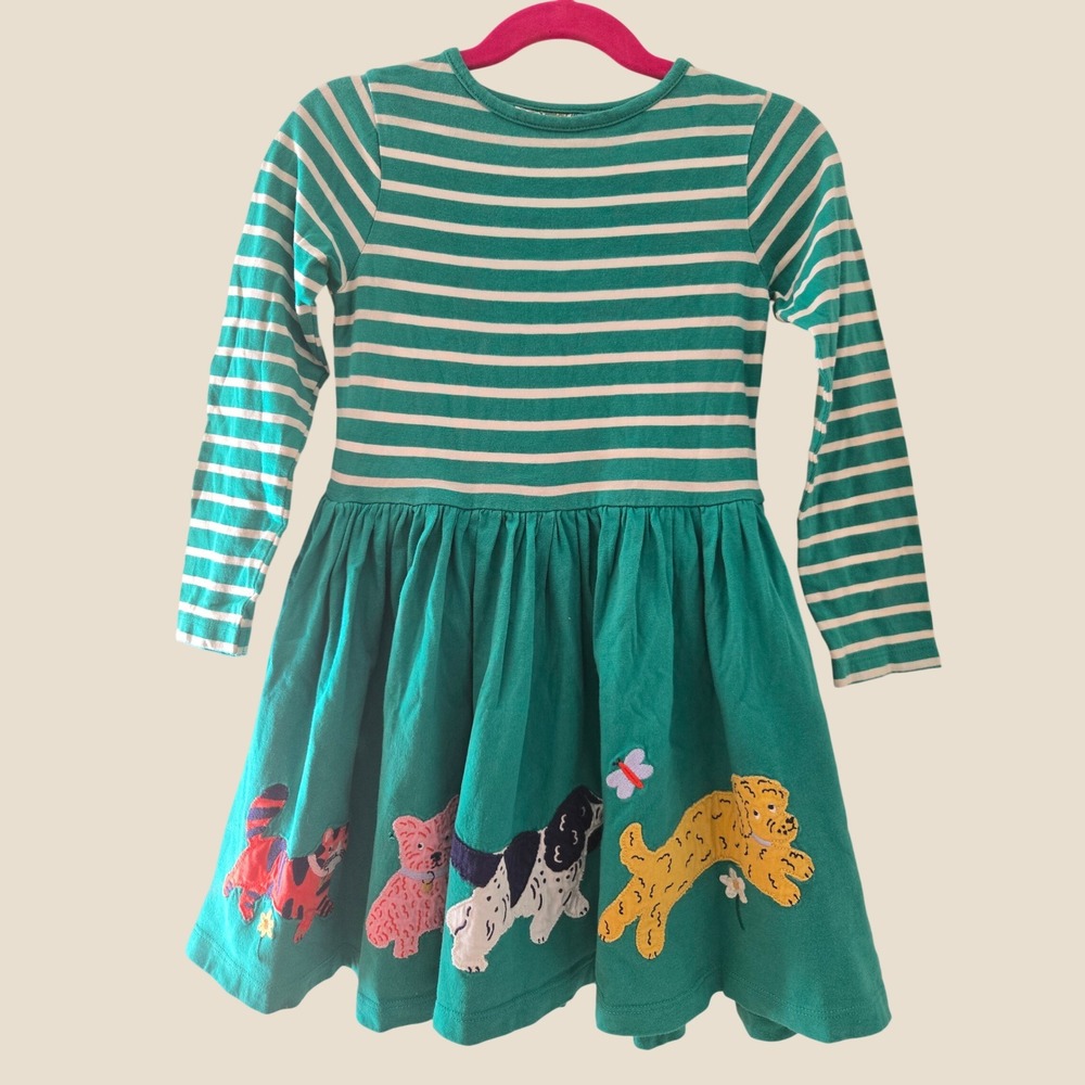Mini Boden Girls Green Striped Dog Applique Long Sleeve Jersey Dress 4-5Y G4891